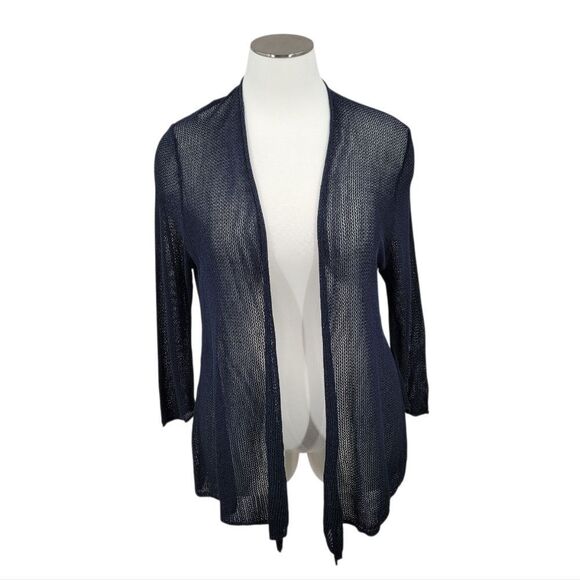 Zozo Navy Blue Net Knit Open Front Women's Cardigan Sweater Duster Topper - Picture 1 of 9